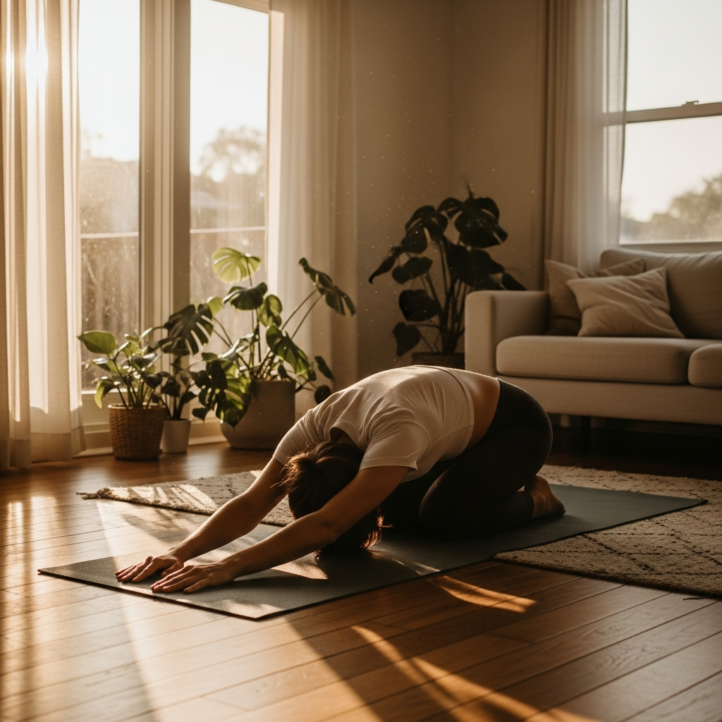 Person doing a gentle wellness stretch in natural light