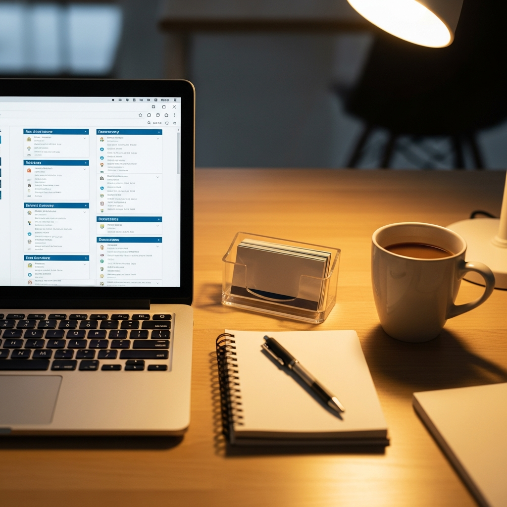 Contractor's desk with laptop and business directories