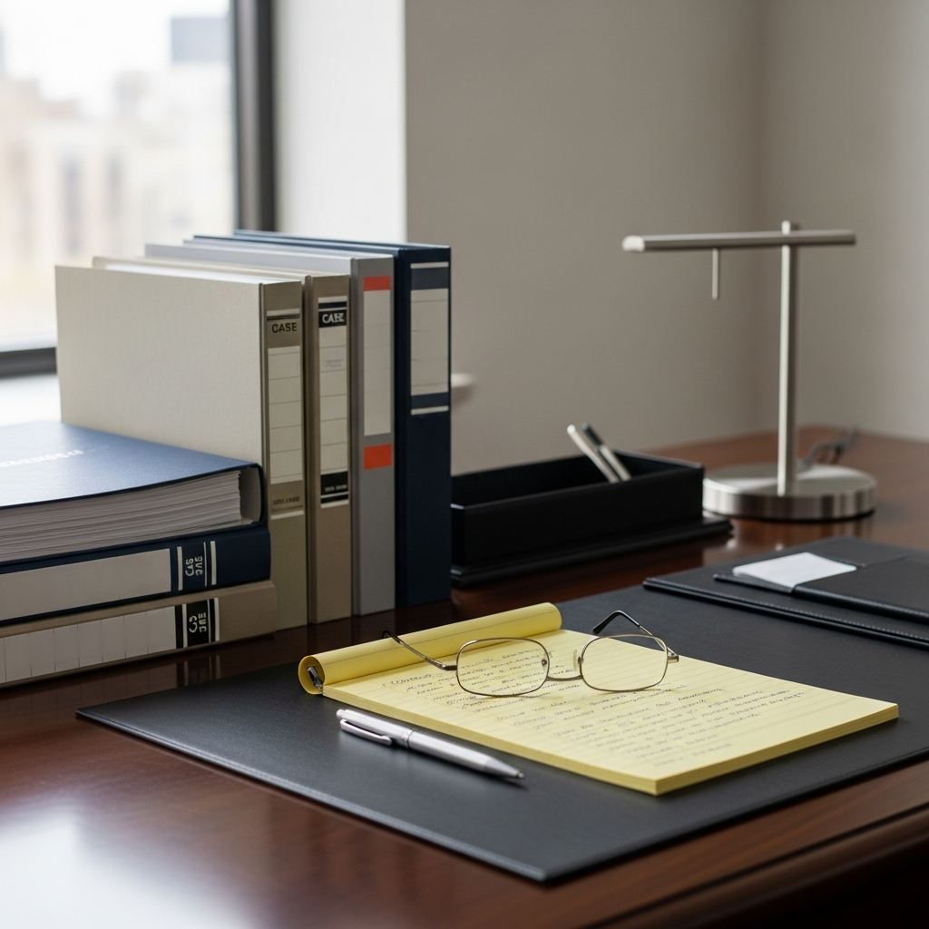 Legal case files and briefs on a desk