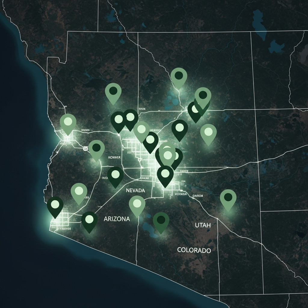 Location pins across the Mountain West and Pacific Coast
