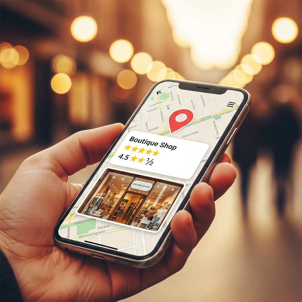 Phone showing local boutique listing on Google Maps